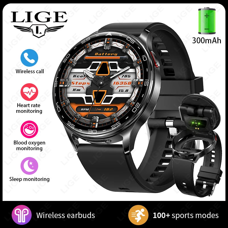 LIGE 2 In 1 TWS Headset Smart Watch 1.39" Earphones Music Smartwatch Women Men Sport Fitness Heart Rate Health Tracker Watches