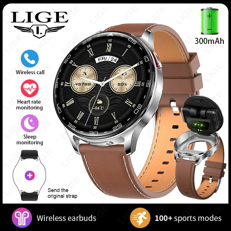 LIGE 2 In 1 TWS Headset Smart Watch 1.39" Earphones Music Smartwatch Women Men Sport Fitness Heart Rate Health Tracker Watches