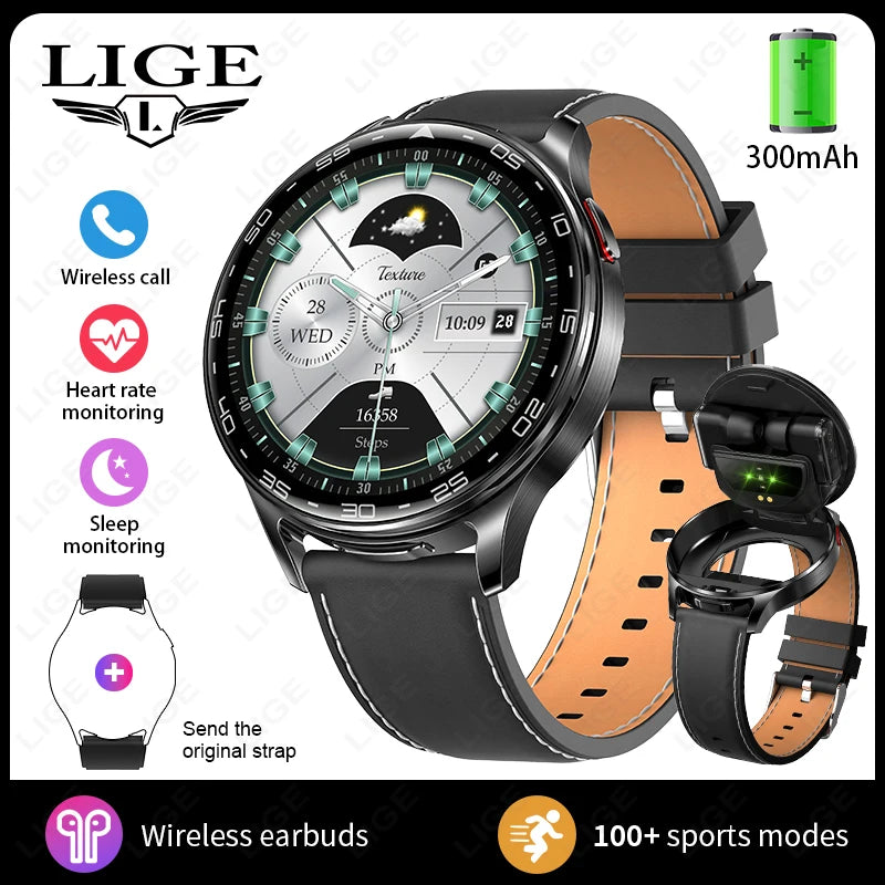 LIGE 2 In 1 TWS Headset Smart Watch 1.39" Earphones Music Smartwatch Women Men Sport Fitness Heart Rate Health Tracker Watches