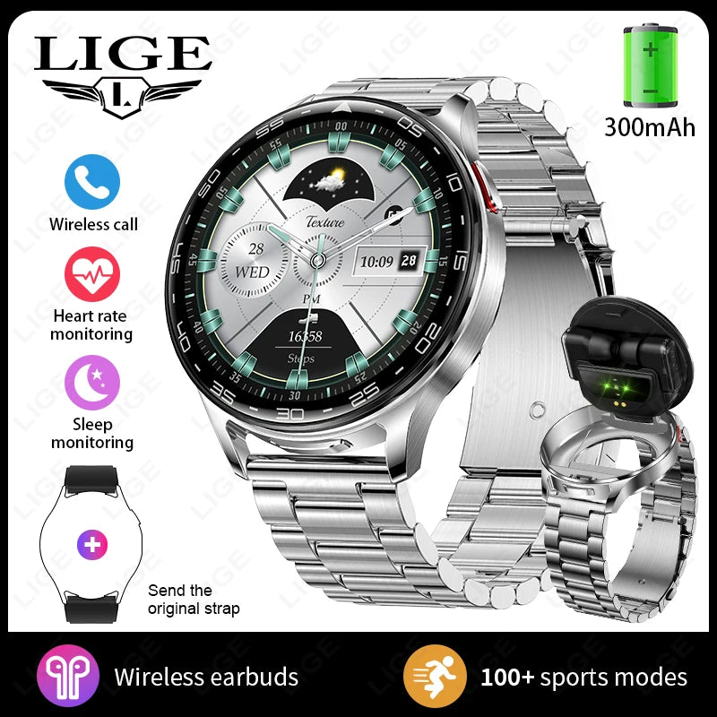 LIGE 2 In 1 TWS Headset Smart Watch 1.39" Earphones Music Smartwatch Women Men Sport Fitness Heart Rate Health Tracker Watches