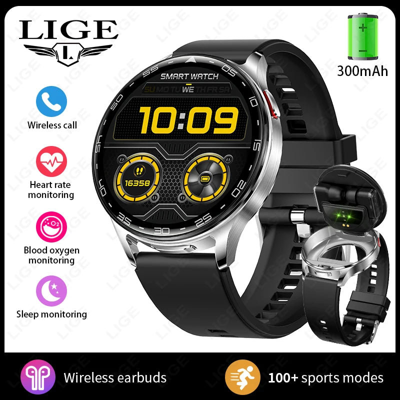 LIGE 2 In 1 TWS Headset Smart Watch 1.39" Earphones Music Smartwatch Women Men Sport Fitness Heart Rate Health Tracker Watches