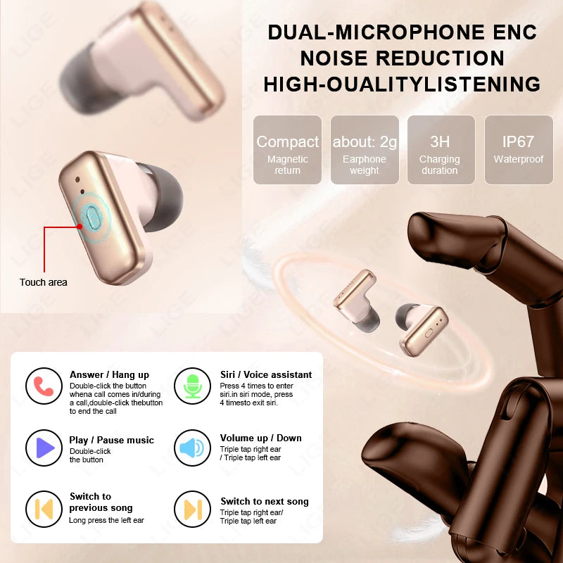 LIGE 2 In 1 TWS Headset Smart Watch 1.39" Earphones Music Smartwatch Women Men Sport Fitness Heart Rate Health Tracker Watches