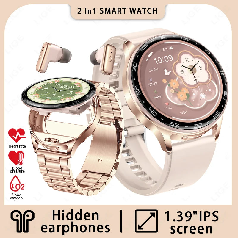 LIGE 2 In 1 TWS Headset Smart Watch 1.39" Earphones Music Smartwatch Women Men Sport Fitness Heart Rate Health Tracker Watches