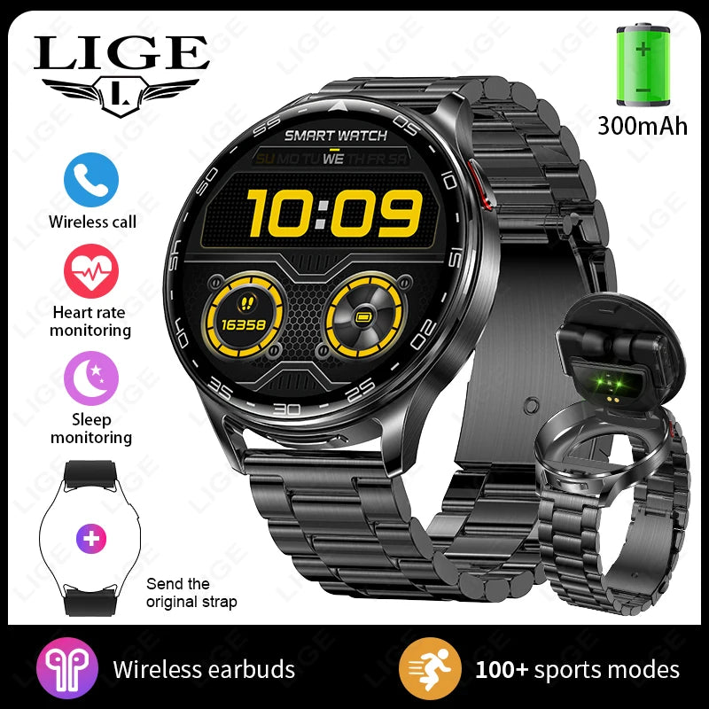LIGE 2 In 1 TWS Headset Smart Watch 1.39" Earphones Music Smartwatch Women Men Sport Fitness Heart Rate Health Tracker Watches
