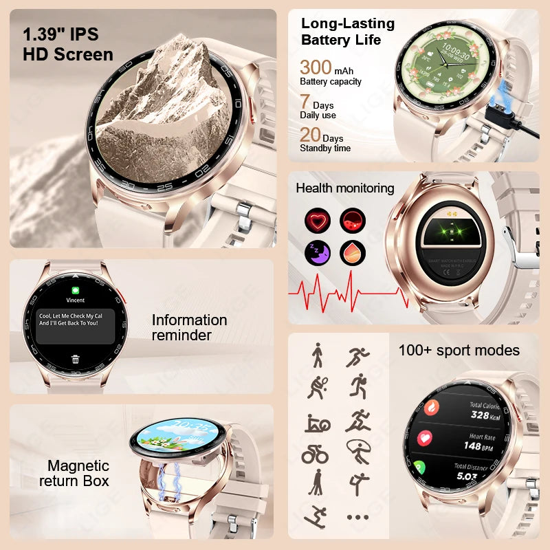 LIGE 2 In 1 TWS Headset Smart Watch 1.39" Earphones Music Smartwatch Women Men Sport Fitness Heart Rate Health Tracker Watches